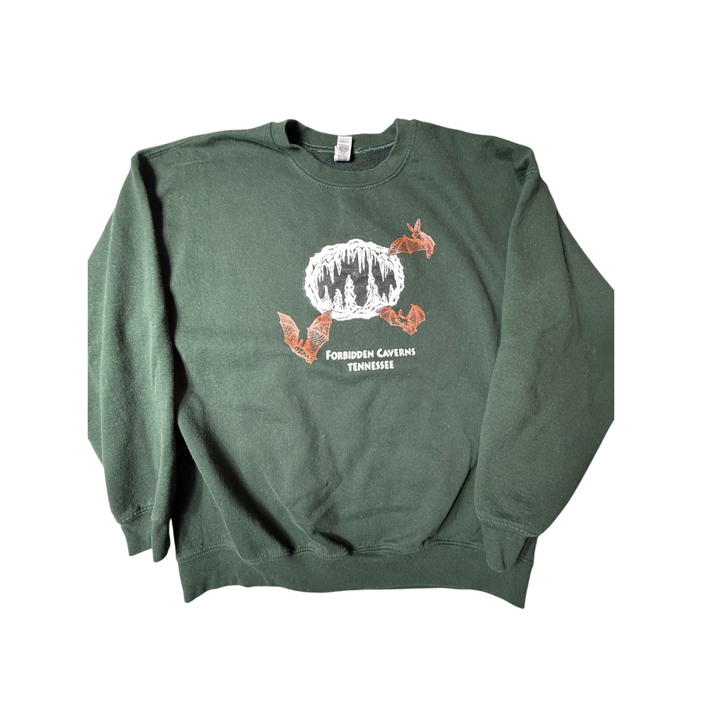vtg Gildan Forbidden Caverns Tennessee Bats Graphic Sweatshirt XL Green Crewneck